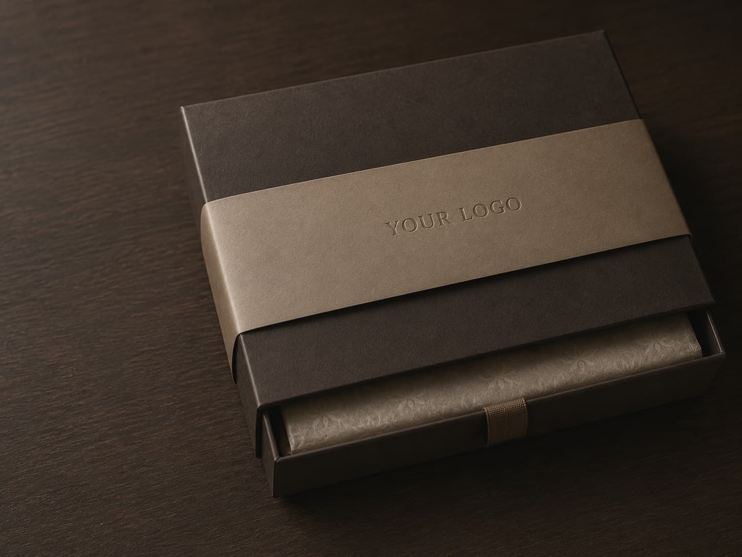 Client logo blind-embossed with restraint on a Kanikkae corporate gift lid