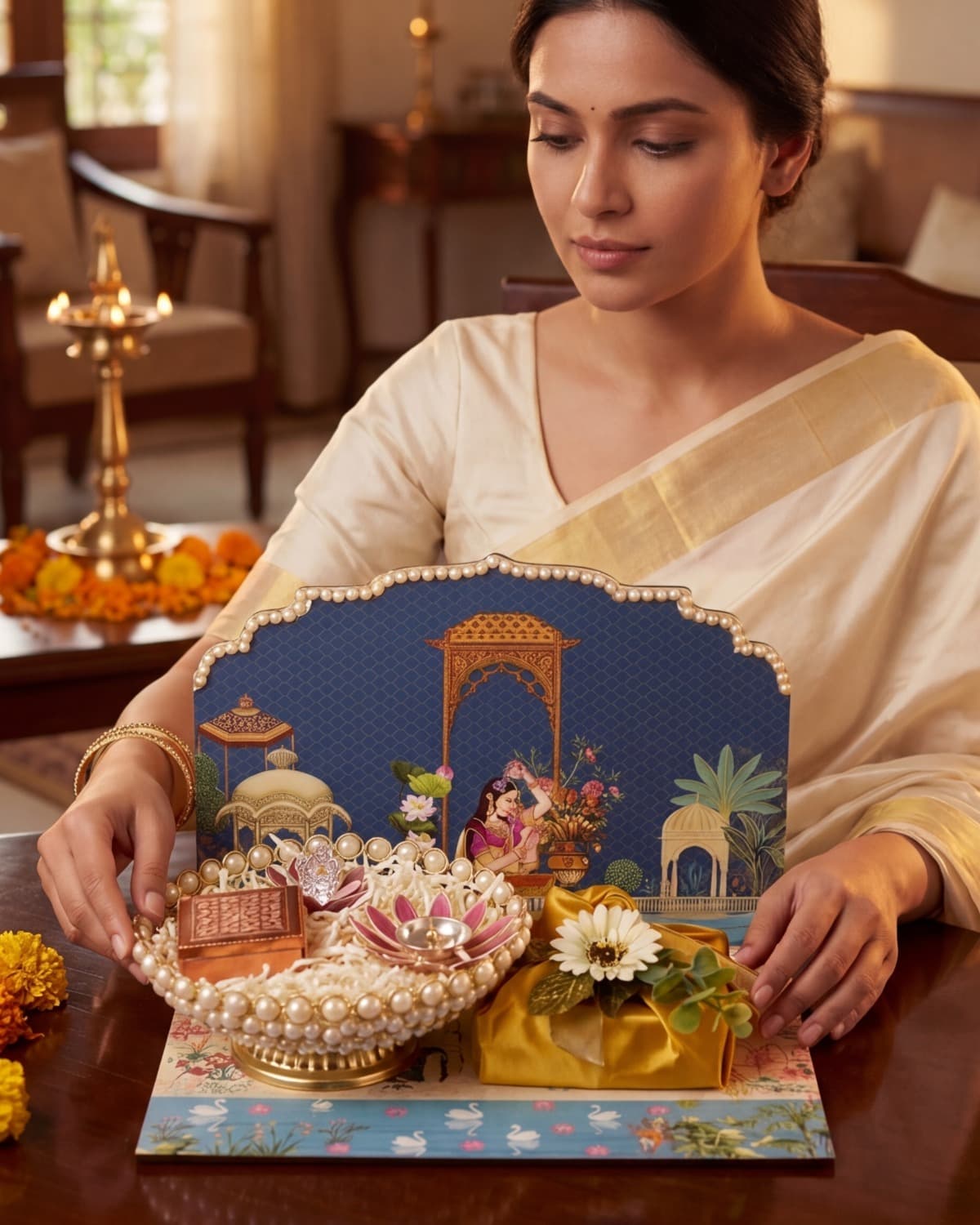 Luxury Diwali gift hamper with diyas, festive sweets, and heritage packaging